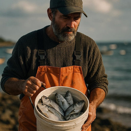Fisherman with a bucket of fresh fish on the seashore