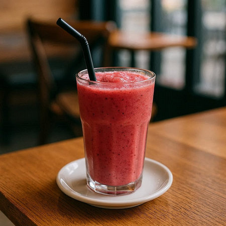Strawberry smoothie in a glass on a wooden table.