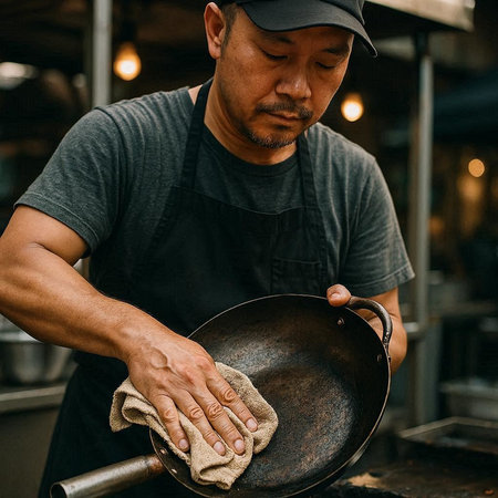 Asian man wearing a black t-shirt and cap cleaning a frying pan with a cloth