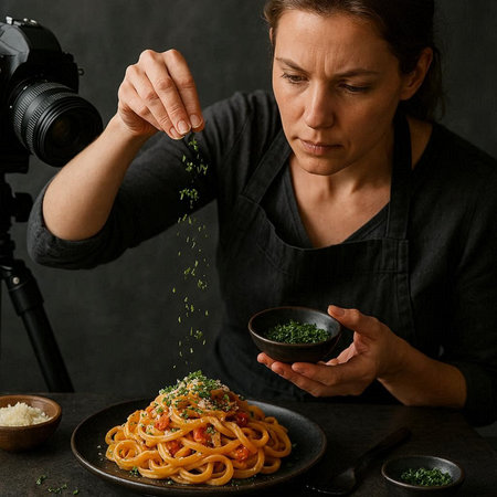 Female videographer in a black apron prepares spaghetti with tomato sauce and parsley.