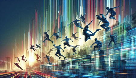 Silhouettes of people jumping in the city. 3D rendering