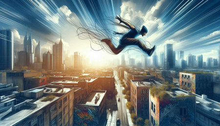 Jumping businesswoman on city street. Mixed media. Mixed media