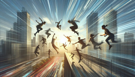 Business people jumping over a gap in the road. 3d rendering