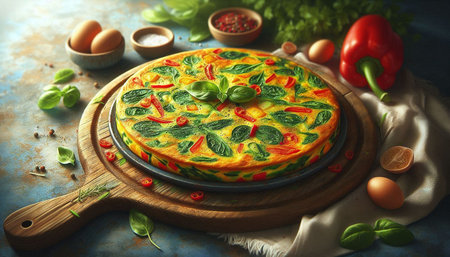 Tasty omelette with vegetables and herbs on table, closeup
