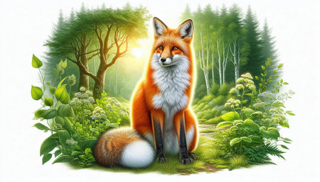Red fox in the forest, 3d illustration, horizontal, isolated