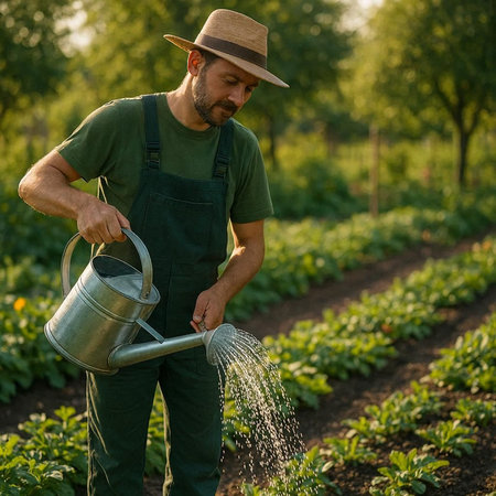 Farmer watering potatoes in the garden at summer day. Selective focus.