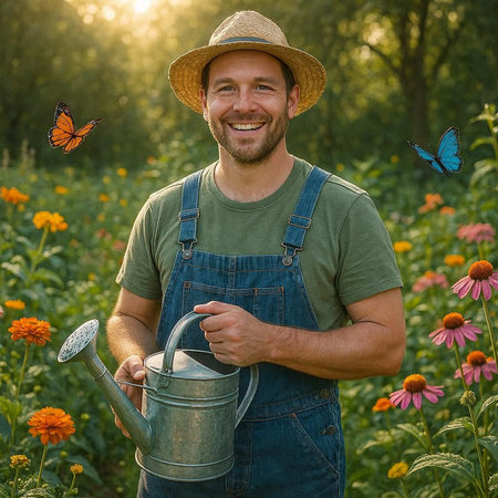 Portrait of a smiling farmer standing in the garden with watering can and butterfly
