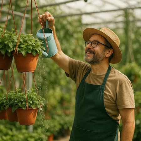 Portrait of a senior man watering basil plants in a greenhouse.