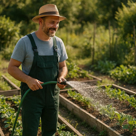 Farmer watering the vegetable garden with a hose on a sunny day
