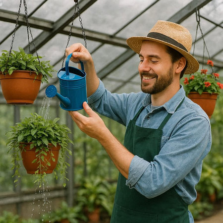 Gardener watering plants in a greenhouse. Gardening concept.