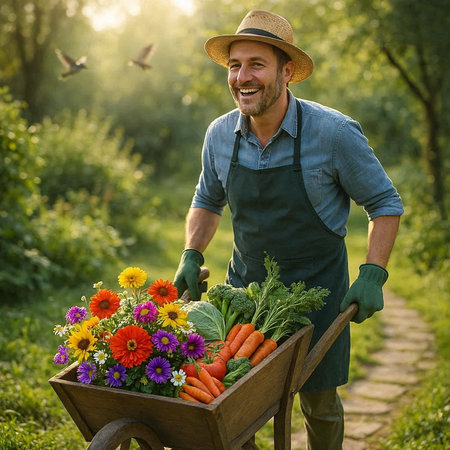 Farmer with a wheelbarrow full of fresh organic vegetables.