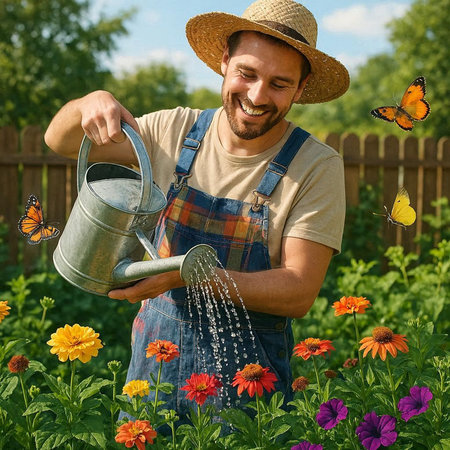 Happy gardener watering flowers in the garden with a watering can.