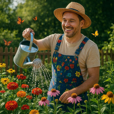 Portrait of smiling gardener watering flowers in the garden with water can
