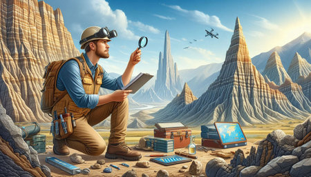 Traveler with map and binoculars. 3D illustration.