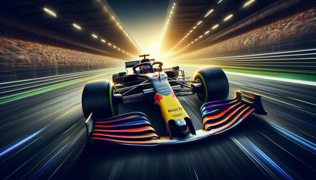 3D rendering of a formula race car on track with motion blur background
