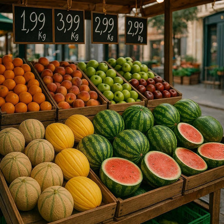Variety of fruits and vegetables at the farmers market in Barcelona, Spain