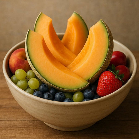Close up of melon and fresh fruits in a bowl on wooden table
