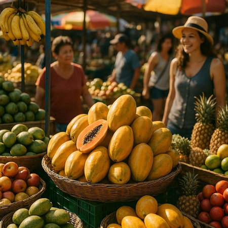 Fruits and vegetables for sale at a farmers market in the city