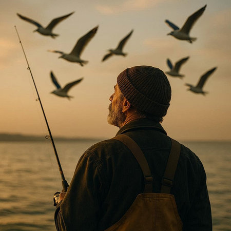 Fisherman with a fishing rod and seagulls at sunset