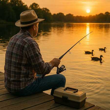 Fisherman sitting on a pier with a fishing rod at sunset