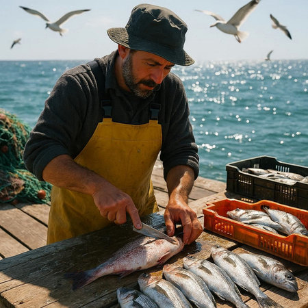 Fisherman in yellow apron and black cap holding fresh catch of sea bass fish on wooden pier