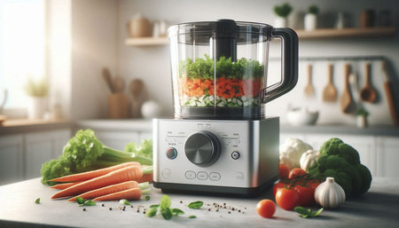 Modern electric blender with fresh vegetables on table in kitchen. Cooking smoothie