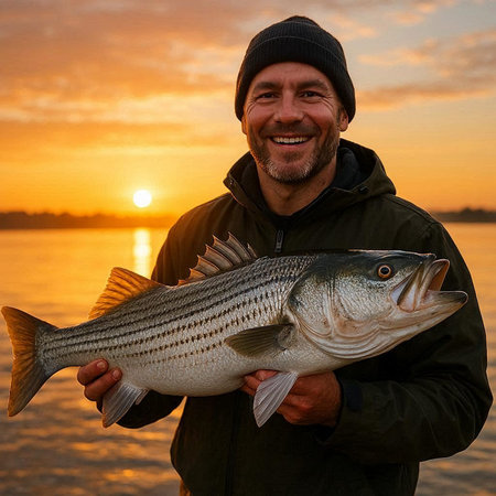 Happy fisherman holding big fresh sea bass fish in his hands at sunset