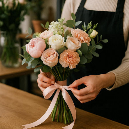 Female florist in apron making beautiful bouquet of mixed flowers