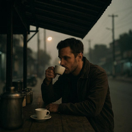 Handsome man drinking coffee in a street cafe at night.