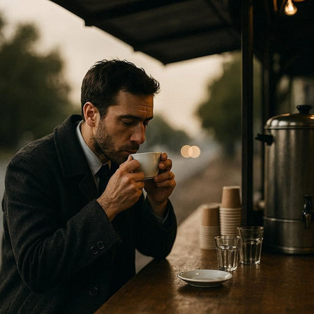 handsome man in suit drinking coffee and looking away while sitting in cafe