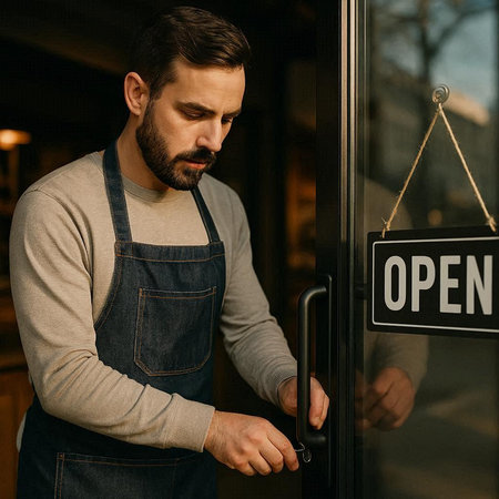 Portrait of a handsome bearded man in apron opening the door of a cafe.