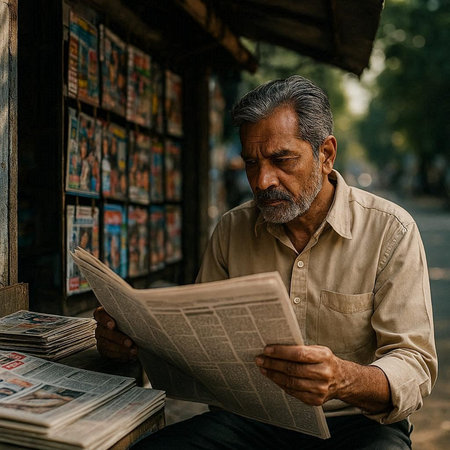 An old man reading a newspaper in the street.