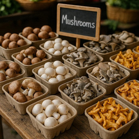 Mushrooms on display at farmer's market, close-up