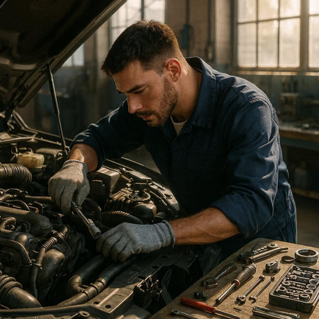 Handsome auto mechanic repairing a car in auto repair shop.