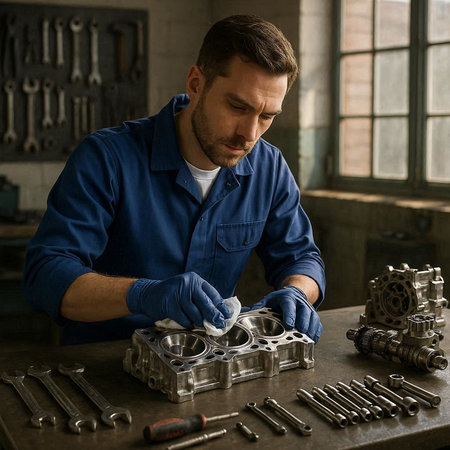 Handsome car mechanic working on a car engine in a workshop