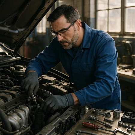 Handsome mature mechanic working in auto repair shop. Man wearing glasses and blue uniform.