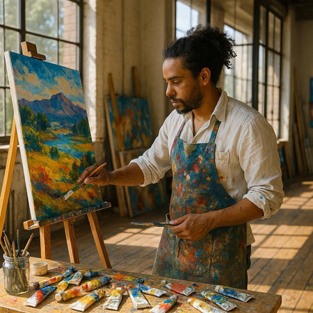 Young male artist painting on canvas with oil paints in his studio.