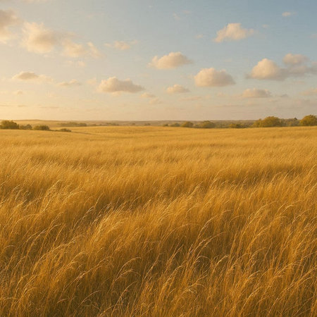 Field of yellow grass and blue sky with white clouds at sunset.