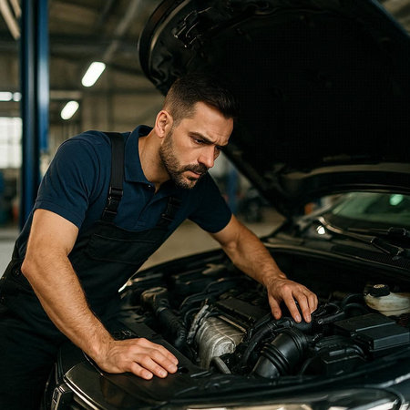 Handsome auto mechanic repairing a car in auto repair shop.
