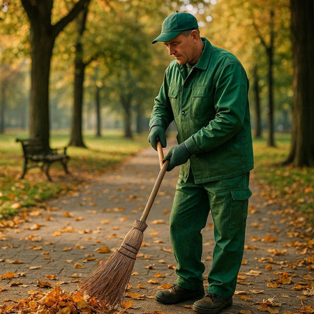 A man in a green uniform cleans the park with a broom.