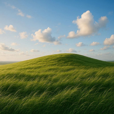 Green hill with grass and blue sky with clouds. Nature background.