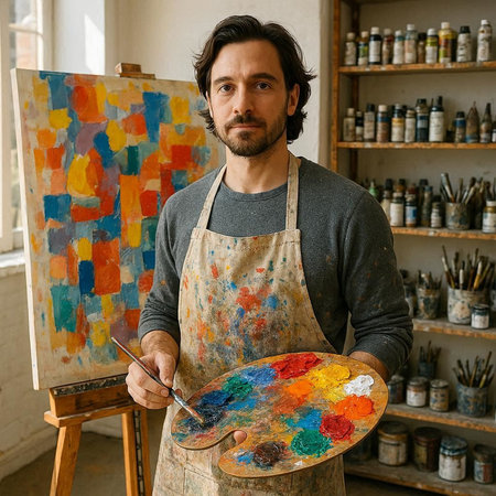 Portrait of a male artist with a palette in his studio.