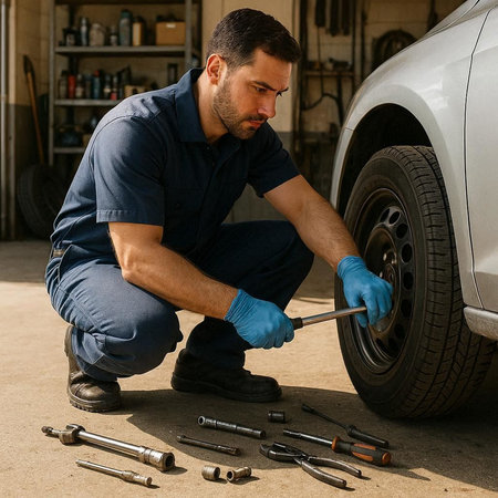 Side view of a male mechanic repairing a car in a garage.