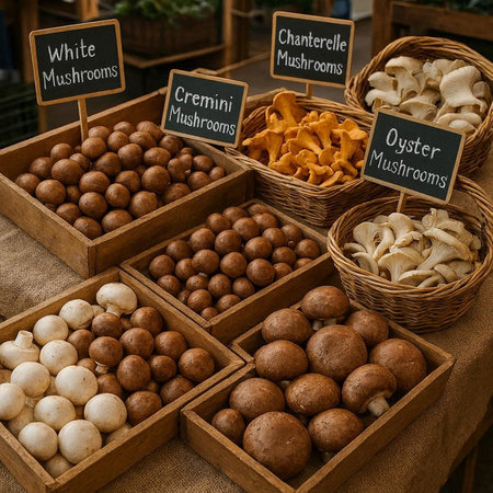 Assortment of mushrooms in wooden boxes on a market stall, close up