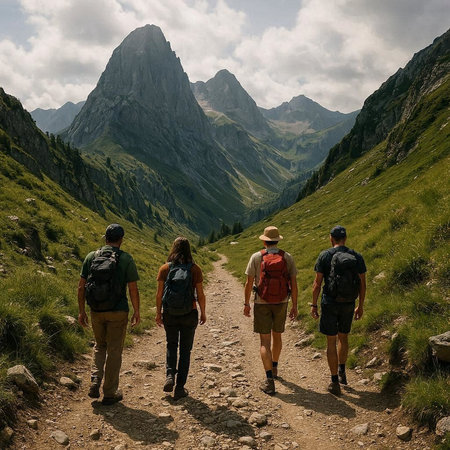 Group of hikers walking on a hiking trail in the Dolomites
