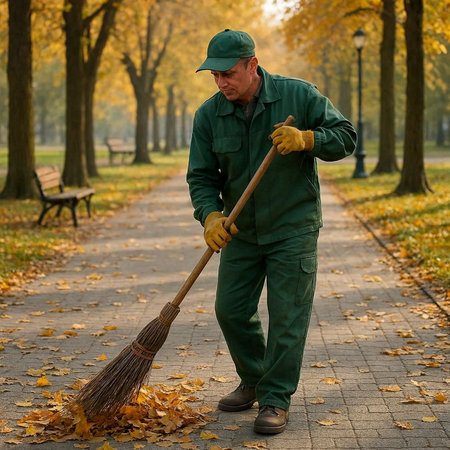 Senior man cleaning the park with a broom in the autumn park.