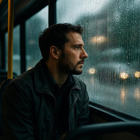 Portrait of a handsome man in a bus. Rainy day.