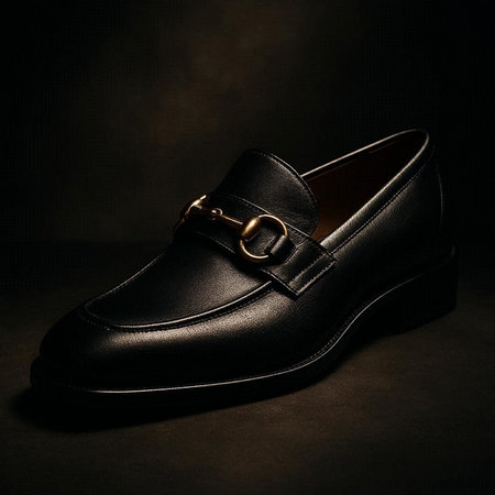 Men's black leather shoes on a dark background. Shallow depth of field