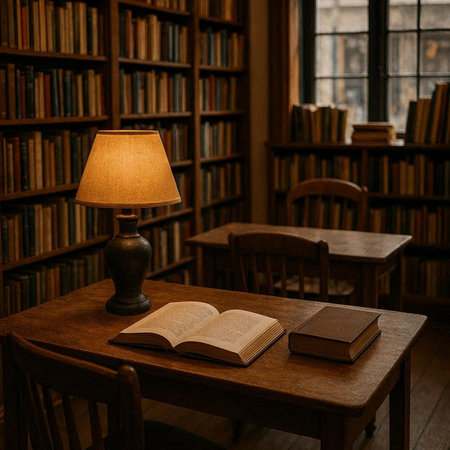 Books and lamp on the table in the library. Vintage style.