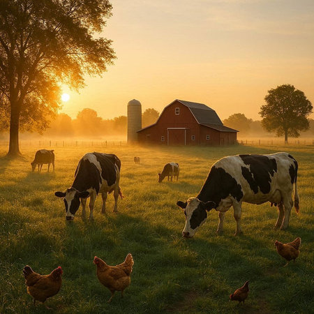 Sunrise in the meadow with cows and barn on the background